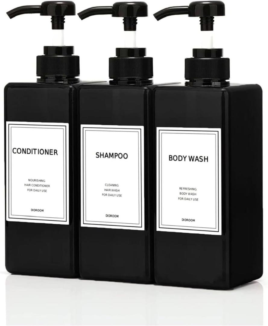 Modern Shampoo and Conditioner Dispenser (21 oz, Pack of 3) Refillable Pump Bottle Set Empty Shower Plastic Bottles with Pump for Bathroom Body Wash Soap and Shower
