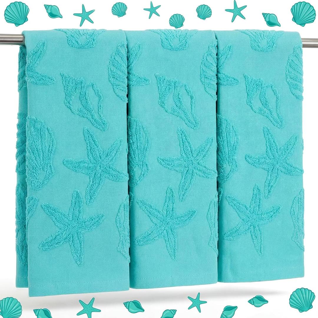 3 Pcs Coastal Hand Towels for Bathroom Ocean Beach Towels 29.5 x 13.7 Inch Decorative Jacquard Bathroom Towel Starfish Shells Dish Washcloth for Kitchen Beach Summer Holiday Gifts (Blue)