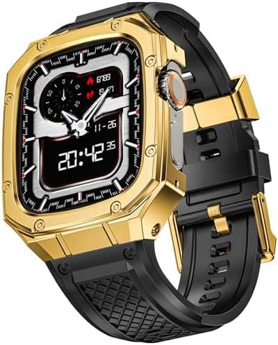 SUPLINK Stainless Steel Case with Silicone Band Compatible with Apple Watch Ultra Bands/Apple Watch Ultra 2 Bands 49mm, Metal Rugged Protector Cover for iWatch Band Men Gold