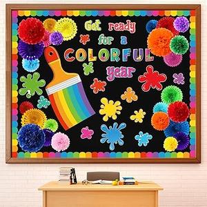 Qilery Get Ready for a Colorful Year Bulletin Board Set Welcome Back to School Classroom Decoration 3D Colorful Paint Bulletin Board with Paper Fans Flowers for Offices Door Chalkboard Wall Supplies