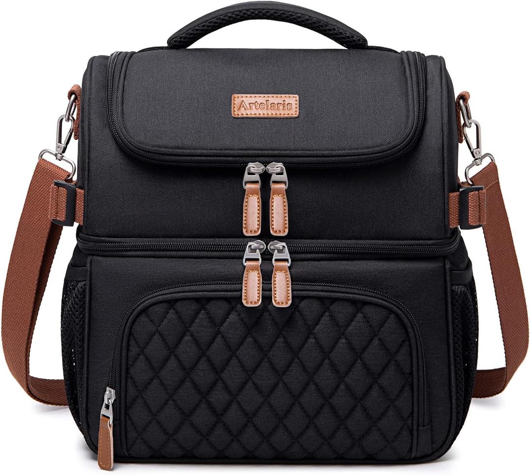 Artelaris Lunch Bag for Women, Large Double Deck Lunch Box Tote for Work, Dual Compartment Insulated Leakproof Lunchbox Cooler for Adult (Black)