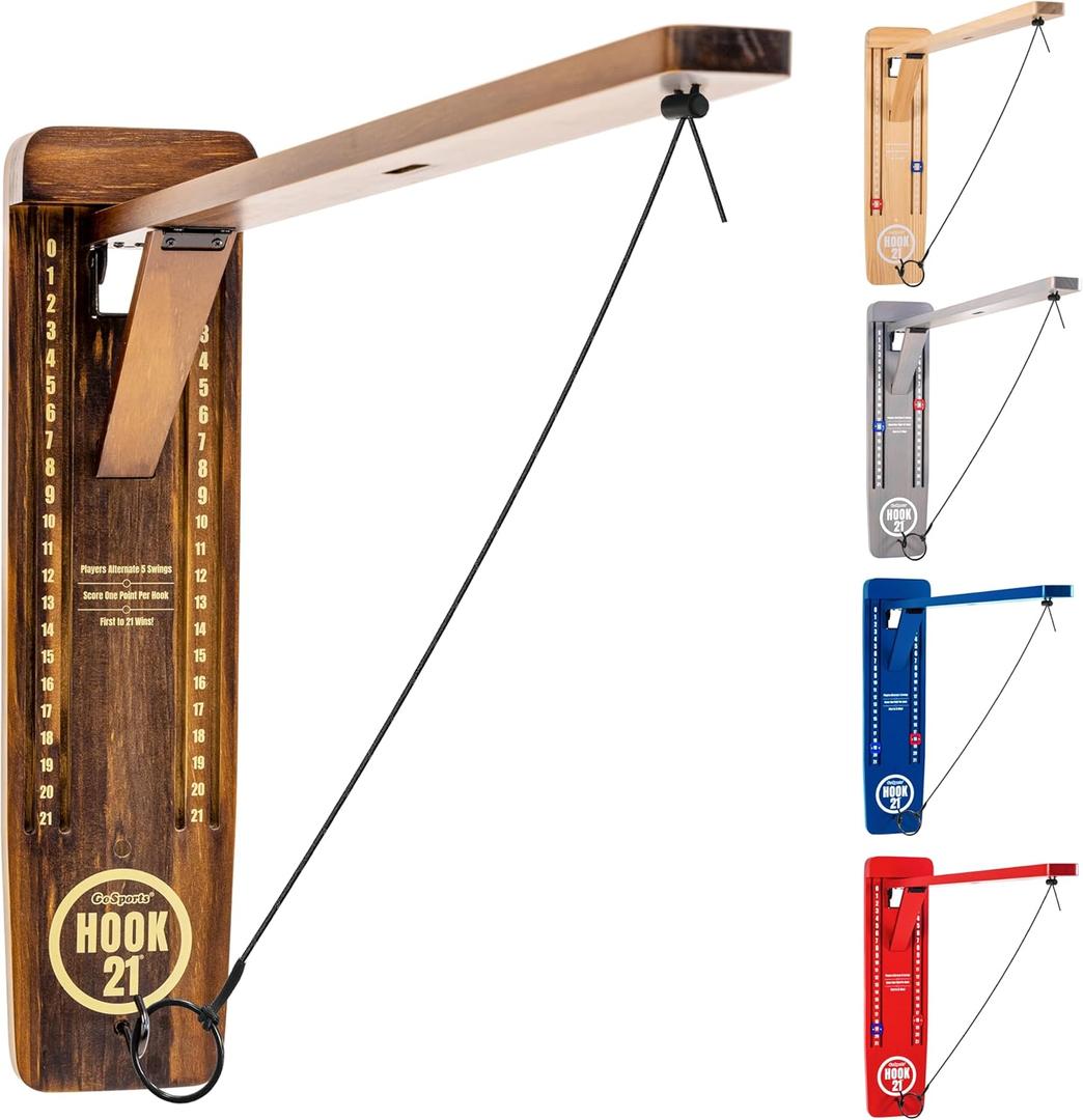 GoSports Hook 21 Wall Mount Ring Swing Game - Play Indoors or Outdoors with Foldable Arm (Brown)