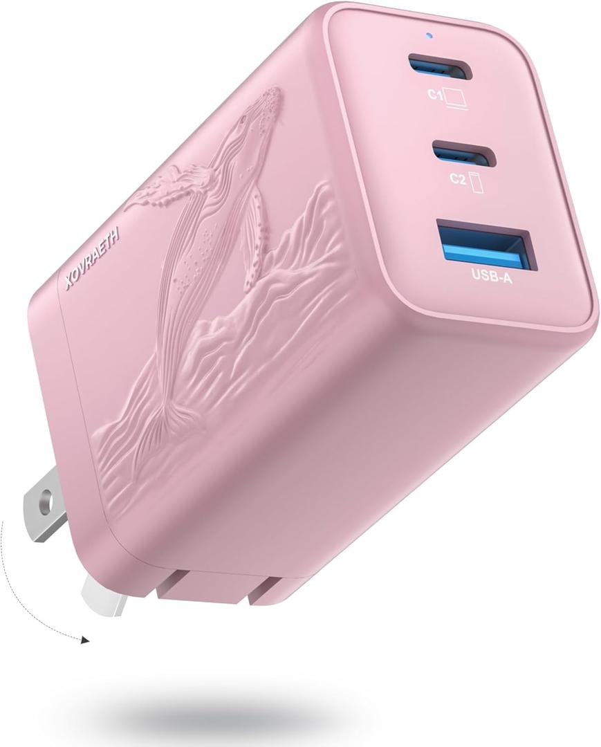 65W GaN Fast Charger Block, 3-Port Wall Charger,USB Charger Block Multiple Ports Compatible with iPhone 16/15 Series, Galaxy S25/S24 Ultra, and Travel Charger for Multiple Devices(Pink)