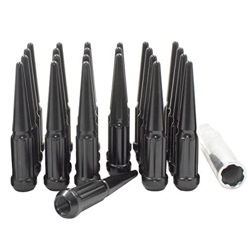 Wheel Accessories Parts 24 Pcs M14x1.5 14x1.5 Thread Spiked 4.4" Long Lug Nuts Black Truck Spline Hex Fits Chevy Silverado GMC Sierra RAM 1500 Ford F150 Bronco (Raptor Only)