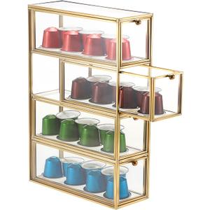 ELLDOO Coffee Pod Holder with 4 Drawers, Gold Glass Coffee Pod Organizer for K Cup Espresso, Clear Coffee Capsule Storage Holder for Coffee Bar Office Home Coffee Station Counter