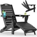 Ciokea Folding Adirondack Chair with Retractable Ottoman Fire Pit Patio Chair with Pull Out Foot Rest Weather Resistant Lawn Outdoor Lounge Chair with 2 Cup Holder (Black)