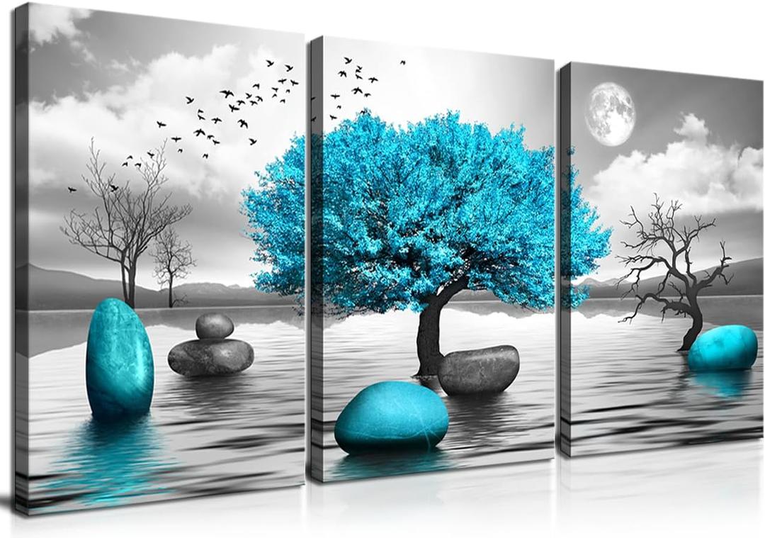 Wall Art for Living Room Bathroom Bedroom Large Size Black and White Tree of Life Paintings Modern 3 Piece Framed Canvas Art Prints Inspirational Abstract Blue Pictures Home Decorations, Color-B, 16x24inchx3pcs