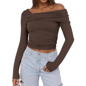 ANRABESS Womens One Off Shoulder Shirts Long Sleeve Going Out Crop Tops Ruched Tight Casual Blouse 2025 Trendy S, Brows