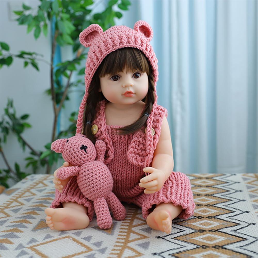 Lifelike Reborn Baby Dolls 22 Inch Reborn Baby Dolls Silicone Full Body Girl Crochet Knit Bear Doll with Matching Hat and Outfit, Pink, 55cm Reborn Toddler Dolls Boys Girls Toys & Gifts