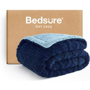 Bedsure Gentlesoft Sherpa Fleece Throw Blanket for Couch - Fluffy & Cozy Cable Jacquard Tufted Throw for Women Gift, Thick and Warm Christmas Blanket for Winter, Navy, 50x60 Inches