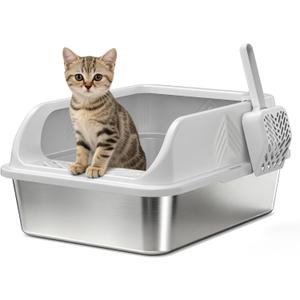 Stainless Steel Litter Box with Lid, Kitten Metal Cat Litter Boxes High Sided Enclosed for Small Cat and Injured Cats Rabbit, Anti-Urine Leakage | Non-Stick Bottom & Includes Scoop