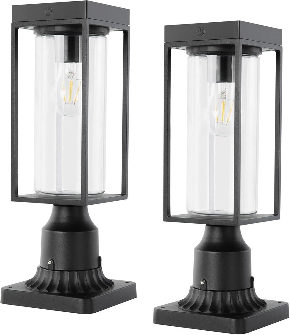 LUTEC 2 Pack Solar Post Lights, Dusk to Dawn Aluminium Lamp with Pier Mount Base, Exterior Black Solar Fence Light Outdoor Waterproof for Garden Yard Patio