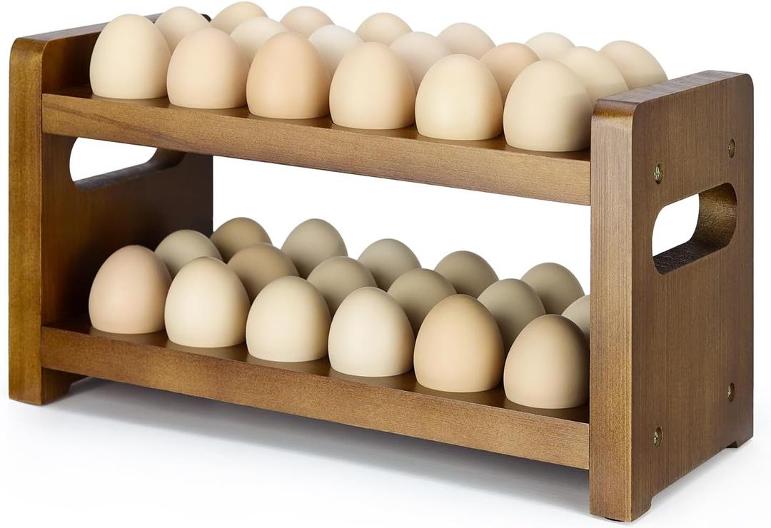 Egg Holder Countertop, 2-Tier Wooden Egg Holder for 36 Eggs, Wooden Countertop with Carry Handle for Chicken, Duck, and Quail Eggs (Regular)