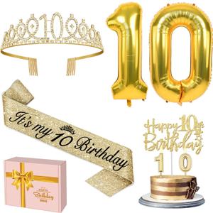 10th Birthday Decorations for Girls Gold with10th Birthday Sash and Tiara, Cake Topper andCandles, Number Balloons, 10 Year Old Gifts for Girls