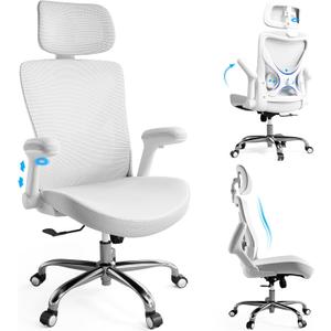 Ergalithic Office Home Ergonomic Desk Chair-Computer X-Shaped Chair Mesh PU Leather with Adjustable Lumbar Support-Executive Chair High Back with Headrest Flip-Up Arms for Long Hours (White)