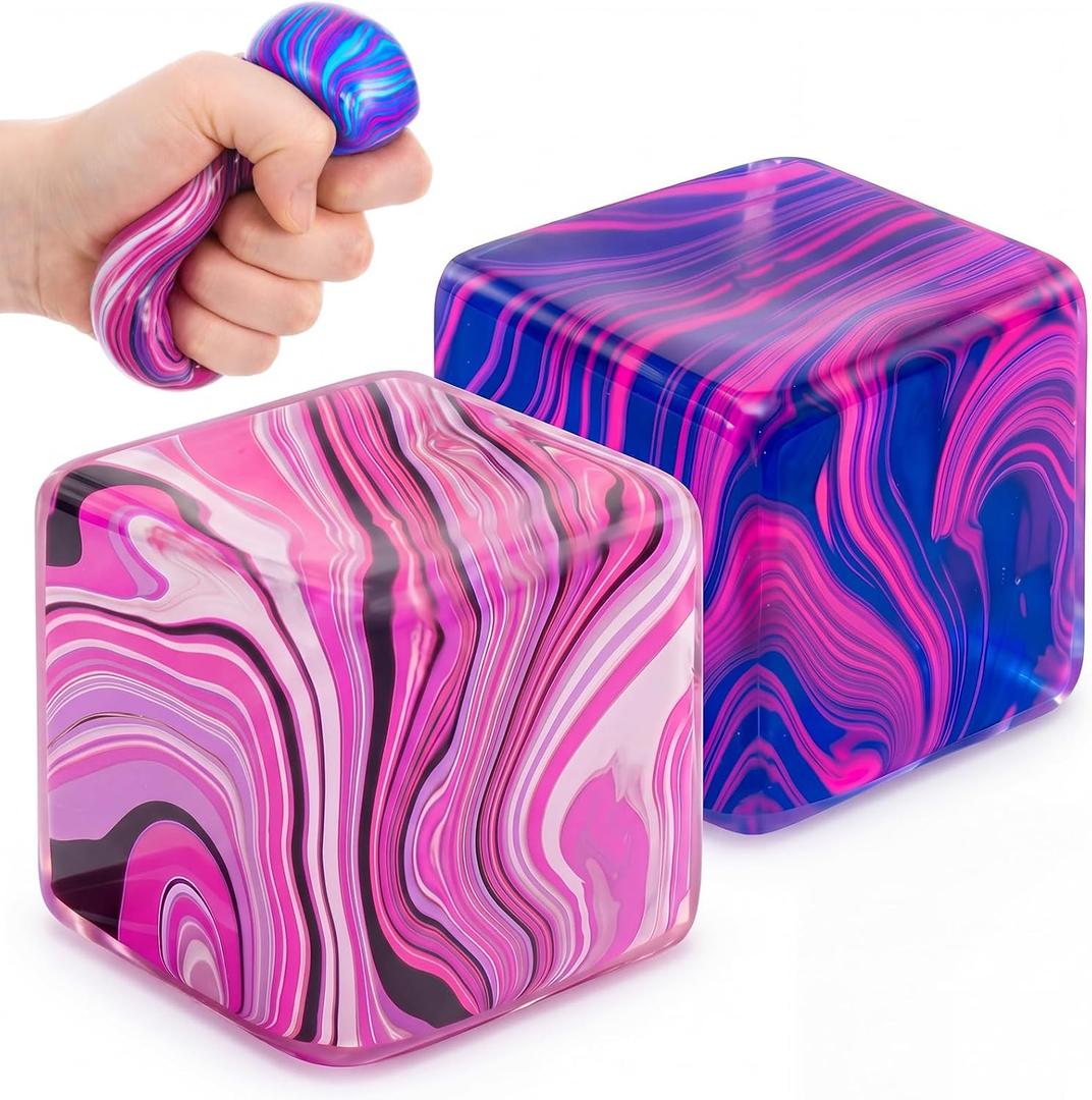 2 x 2 Pcs Stress Cube Bulk Swirl Ice Cube Stress Ball for Adults Anxiety Relief Soft Squeeze Sensory Square Ball for ADHD Prizes Goodie Bag Stuffers Party Favors(Purple, Pink)