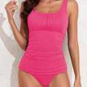 Aleumdr Women's Ribbed Ruched Two Piece Tankini Bathing Suits Tummy Control Swim Top with Bottom Swimsuits (Pink, S)