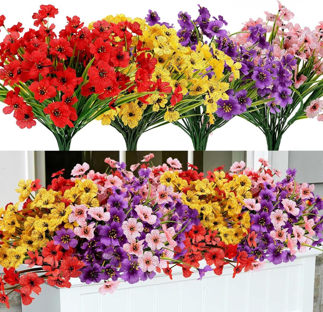 Geegoods Artificial Fake Plants Flowers for Outdoors, 16 Bundles UV Resistant Faux Plastic Colorful Mix Mum Flowers for Outside Spring Summer Decor (Mix 4 Colors)