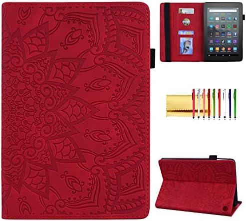 Case for Amazon Fire 7" 2022 12th Generation, Techcircle Mandala Embossed PU Leather Folio Stand Soft TPU Back Cover Slim Lightweight Elastic Band Protective Case with Card Slots & Pen Holder, Red