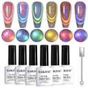 RARJSM 9D Chameleon Glass Cat Eye Gel Nail Polish Set 6Pcs Pink Purple Blue Green Yellow Multi Color Cateye Galaxy Shimmer Gradient Effect with Magnetic Stick UV LED Curing Require Home Salon