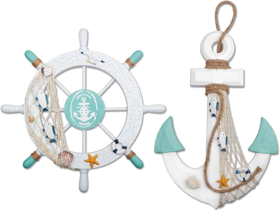 Meching 2 Pack 11" Nautical Beach Wooden Ship Wheel and 13" Wood Anchor with Rope Nautical Boat Steering Wheel Rudder Anchor Wall Decor Door Hanging Ornament Beach Theme Home Decoration(White&Green) (5)