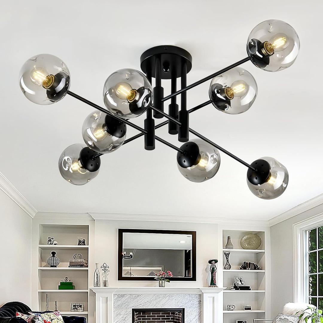 8 Light Sputnik Chandelier with Glass Globe Mid Century Modern Black Ceiling Light Fixture Large Flush Mount Chandelier for Dining Room Bedroom Living Room Kitchen.