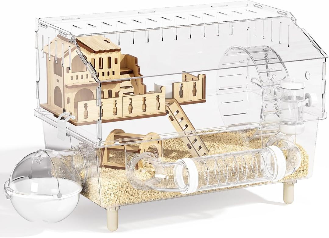 9-in-1 Acrylic Hamster Cage, Clear Dwarf Hamster Cage, with Tubes and All Accessories, 2-Tier Mouse Habitat, Easy to Clean, Suitable for Small Pets