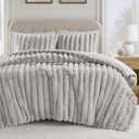 Madison Park Jasmine Queen Comforter Set, Luxurious Reversible Faux Fur Plush Ribbed Velvet Bedding, Fuzzy Thick Warm Winter Comforter, Super Soft Fluffy 3-Piece Set Light Grey