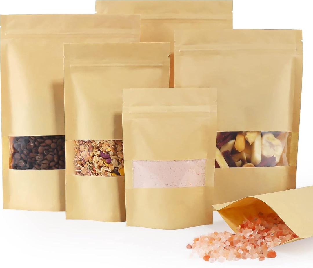 FireKylin 100 Pcs Brown Paper Bags with Window, 3.9" x 5.9" Stand Up Pouches, Zipper Food Storage Bags for Packaging Products, Reusable, Sealable