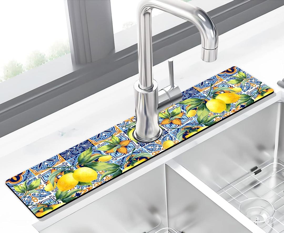 Kitchen Sink Splash Guard Faucet Mat Super Absorbent Fast Drying Mat Sink Gadgets Splash Guard Behind Faucet Drip Catcher for Kitchen (Lemon, 23.5x5.5in)