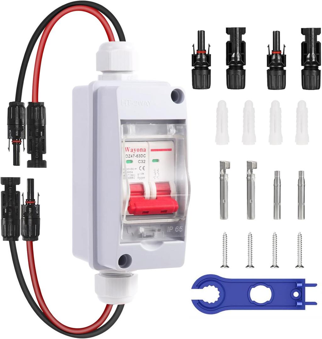 Wayona Solar Panel Disconnect Switch DC 500V Solar Circuit Breaker Box 32Amp IP65 Waterproof Miniature Circuit Breaker Solar PV Disconnect Switch Box Outdoor
