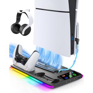 Honghao Controller Charger for PS5/PS5 Slim/Pro: PS5 Cooling Fan and Controller Charger Station, PS5/PS5 Slim Stand Accessories Vertical Charging Dock Stand for PlayStation 5 (Black)