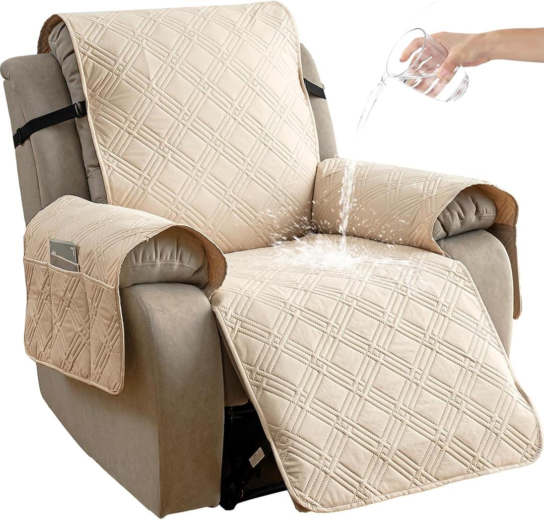 Reversible Recliner Chair Cover, Waterproof Recliner Chair Covers with Pocket Washable Reclining Chair Cover Furniture Protector for Kids, Pets (23.6'', Cream)