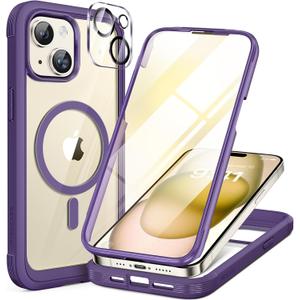 Miracase Glass Series for iPhone 15 Case [Compatible with MagSafe] Full-Body Magnetic Case with Built-in 9H Tempered Glass Anti-Fingerprint Screen Protector + Camera Lens Protector, Purple