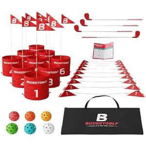 BucketGolf 9 Hole Bundle with Clubs, Outdoor Golf Game for All Ages | Play Anywhere: Yards, Beach, Park & Backyard, Fun for Adults, Kids & Family,4 Clubs (3 RH + 1 LH) 