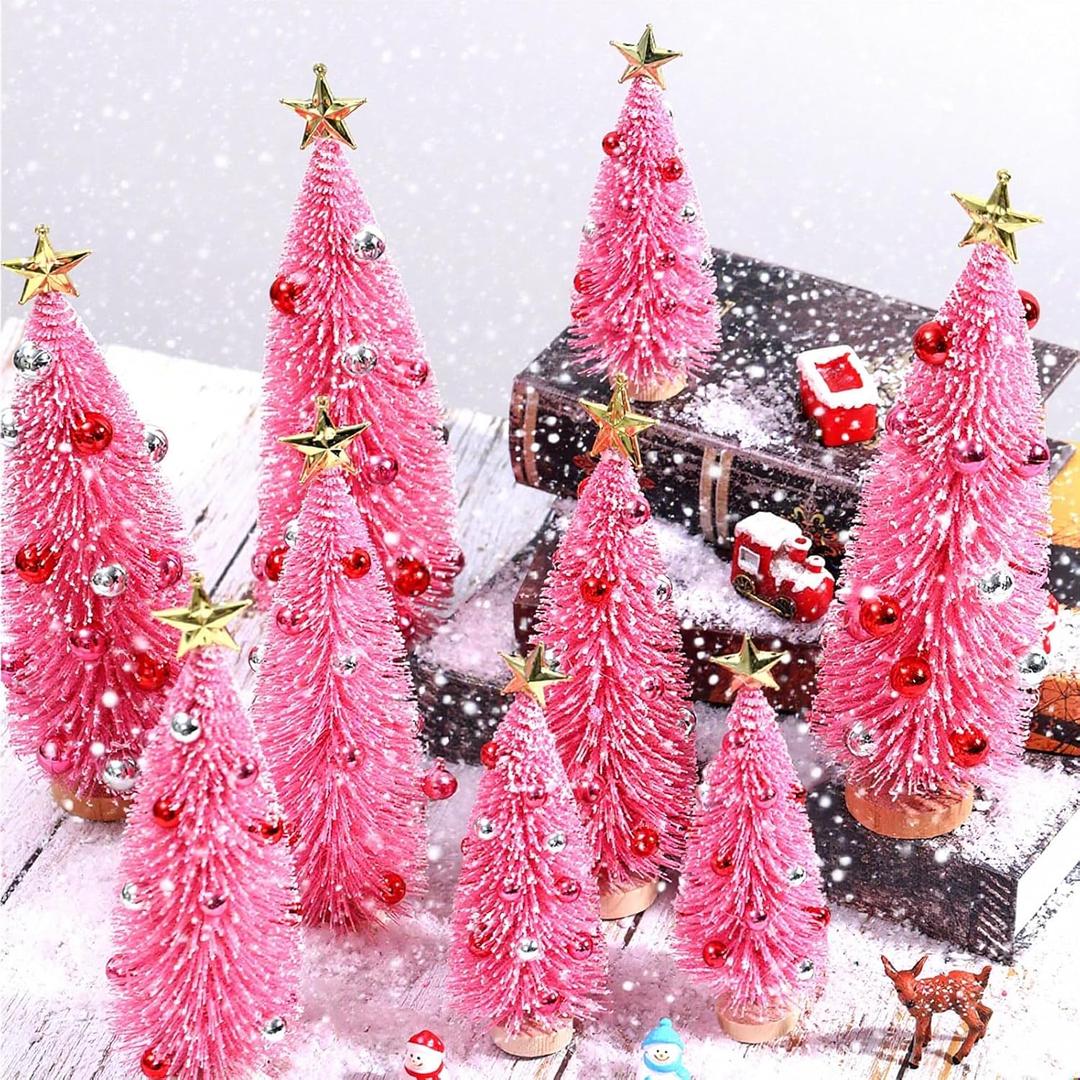 9 Pack Pink Christmas Bottle Brush Trees, Artificial Mini Christmas Tree Decorated Ornaments Small Pink Sisal Tree with Wood Base for Xmas Winter Snow Miniature Tabletop Home Decoration