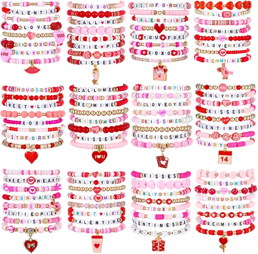 Ecally 96 Pcs Valentine's Day Bracelet Bulk Love Heart Pink Red Clay Beaded Bracelets Set for Stackable Stretch Party Favor Birthday Accessories Jewelry Gifts