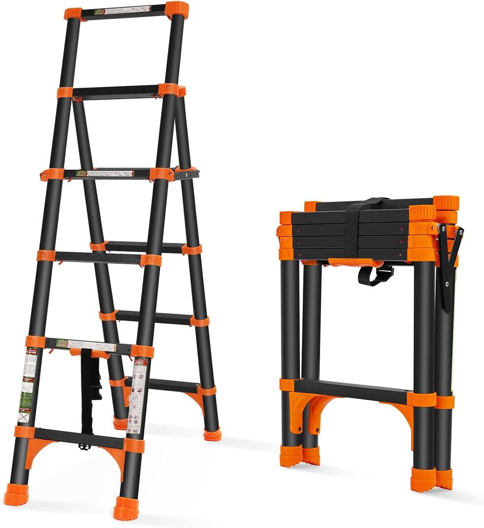 A-Frame Telescoping Ladder with 1-Button Retraction, Aluminum Adjustable Extension Ladder, Portable Lightweight Folding Design for Home/RV Use, 330lb Capacity(1.7+2M)