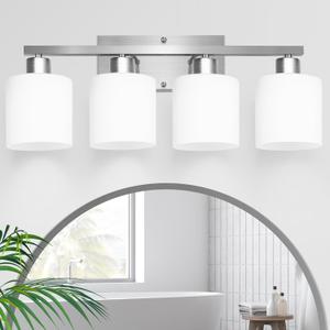 SILAMPDI 4-Light Bathroom Lighting Fixtures Over Mirror, Brushed Nickel Bathroom Vanity Light, Modern Rustproof Wall Sconce Lights, Milky White Frosted Glass Shades, E26 Base, Bulbs Not Included