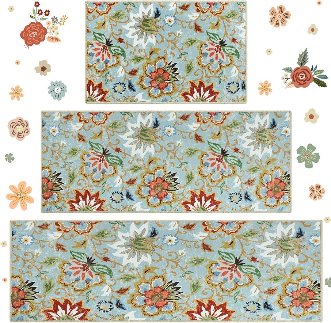 Homcomoda Boho Floral Kitchen Rugs Sets 3 Piece with Runner Kitchen Mats for Floor Non Slip Kitchen Rugs and Mats Washable Kitchen Runner Rug Sets for Hallway Laundry Kitchen, 20"x32"+20"x32"+20"x47"