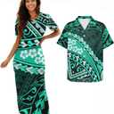 Polynesian Couples Matching Outfits Samoa Puletasi Women's Dresses and Luau Men's Shirts (Green, XL)