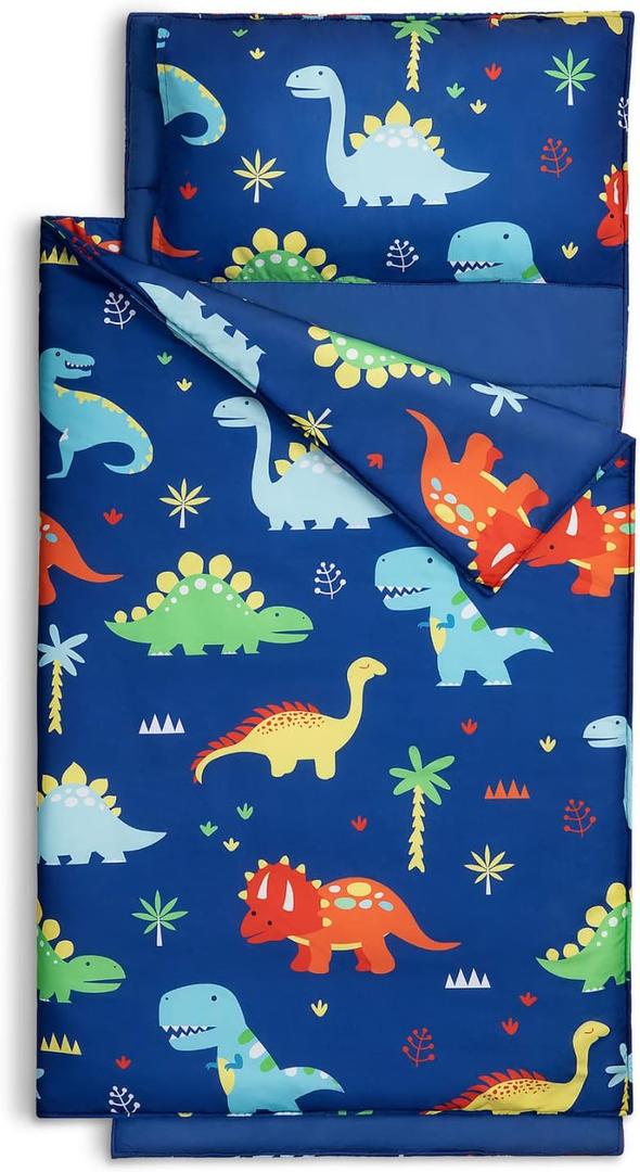 Extra Large Kids Sleeping Bag, Toddler Nap Mat with Pillow & Blanket, Soft Sleeping Mat for Daycare and Preschool (Dinosaur 53"x21")