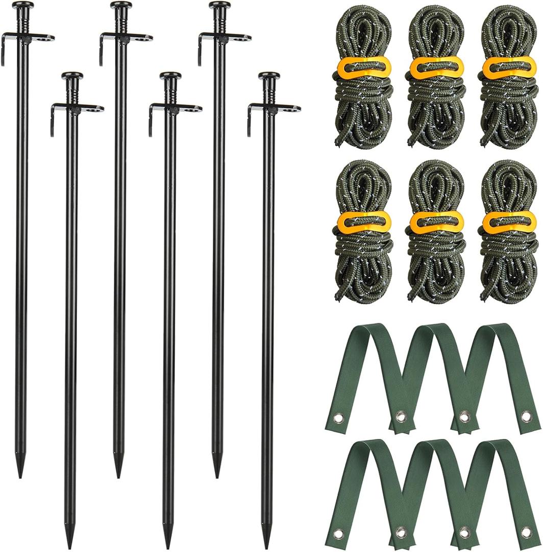Tree Stakes and Supports, Fetanten Tree Stake Kit with Tree Straps and Rope in Outdoor Yard, 6 PCS 15.8 Inch Heavy Duty Steel Tree Stabilizer Ground Anchor Protect Leaning Tree Straightening (Black)