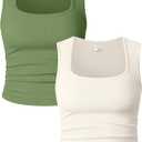 OQQ Womens 2 Piece Crop Tops Rueched Sleeveless Square Neck Stretch Basic Tank Shirts (Green, L)