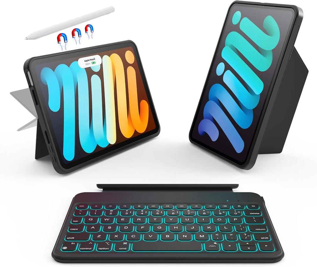 for iPad mini 6/7 (A17 Pro) 8.3" Detachable Magnetic Keyboard Case Full Protection, Scratch-Resistant Leather, 156 Stand, 7 Backlits & Rechargeable Pencil Holder & 11 Shortcuts (Black)