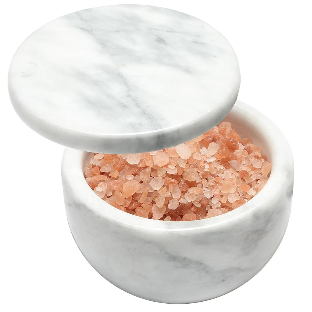 jalz jalz Marble Salt Holder Salt Box Spice keeper Black Big Salt Cellar Natural Material Salt Container Spice Cellar Large Capacity (White Cover White Base)