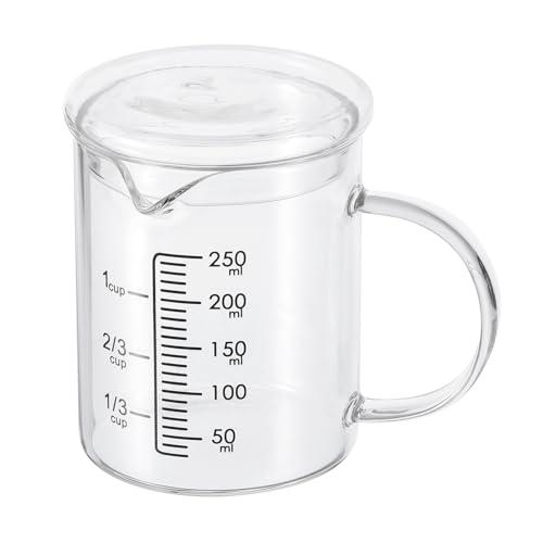 Patikil 250ml Glass Measuring Cup, 3.3 Borosilicate Graduated Black Printed Scale Liquid Measure Cups Beaker with Glass Lid and V-Shaped Spout for Kitchen, It's a Crack On The Side