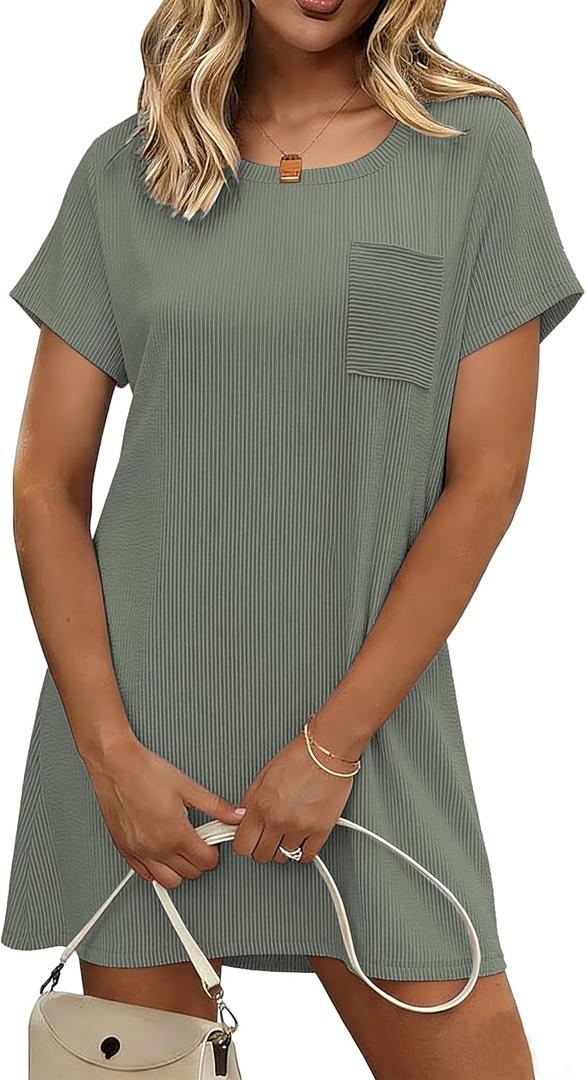 Ekouaer Nightgowns for Women Ribbed Viscose Sleep Shirts T-shirt Sleep Dress Short Sleeve Night Shirt with Chest Pocket S-2XL (Gray, M)