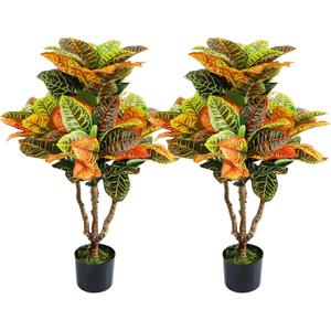 2PCS Artificial Croton Plant, Faux Fiddle Leaf fig Tree,Artificial Trees for Home Decor,Floor Plant,Front Porch Plants with Plastic Pot, Faux Ficus Lyrata Tree,35inch