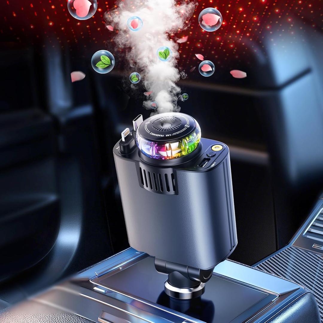 Starlight Retractable Car Charger with Car Aromatherapy Essential Oil Diffuser, Starlight in Car Roof 5 in 1 Fast, 2 Retractable Cables and USB C Car Charger Adapter,Compatible with iPhone 17